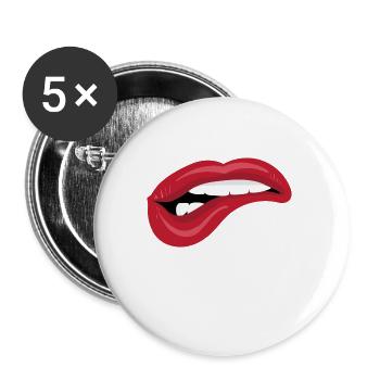 Beißende Lippen - Rote Lippen auf Unterlippe - Buttons groß 56 mm (5er Pack) - Weiß - Vorne