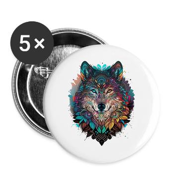 Wolf Mandala Bunt – Nordisches Krafttier - Buttons groß 56 mm (5er Pack) - Weiß - Vorne