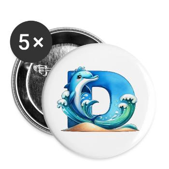 Animal Alphabet - Buchstabe D für Dolphin Dune - Buttons groß 56 mm (5er Pack) - Weiß - Vorne