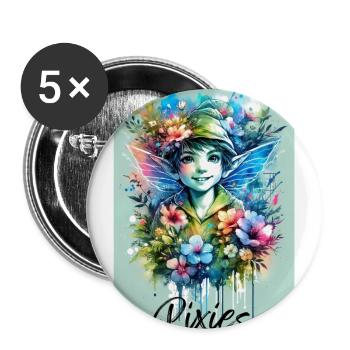 Pixie - Pixies - Blumen, Aquarell und Fee - Buttons groß 56 mm (5er Pack) - Weiß - Vorne