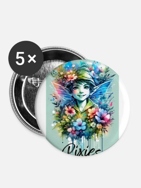 Pixie - Pixies - Blumen, Aquarell und Fee - Buttons groß 56 mm (5er Pack) - Weiß