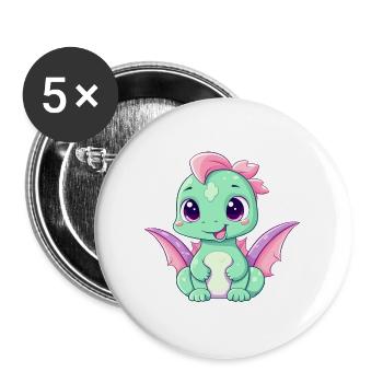 Drache Niedlich Glücklich Kawaii Cartoon Clipart Tier - Buttons groß 56 mm (5er Pack) - Weiß - Vorne