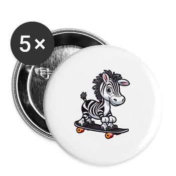 Lustiges Zebra Kawaii Cartoon Haustier spielt Skateboard - Buttons groß 56 mm (5er Pack) - Weiß - Vorne