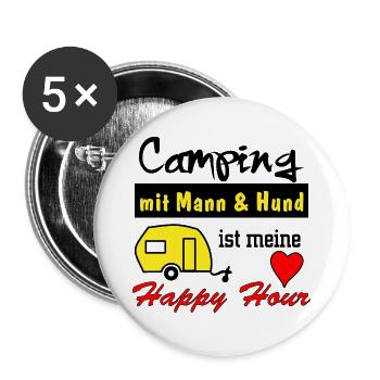 happy hour camping mit mann und hund - Buttons groß 56 mm (5er Pack) - Weiß - Vorne