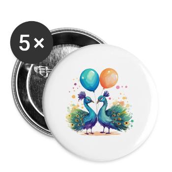 Pfauen Kawaii Cartoon Haustier spielt mit Luftballons - Buttons groß 56 mm (5er Pack) - Weiß - Vorne