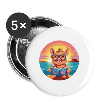 Schwein Niedlich Lustige Karikatur Kawaii Buch Strand - Buttons groß 56 mm (5er Pack) - Weiß - Vorne