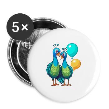 Pfauen Kawaii Cartoon Haustier spielt mit Luftballons - Buttons groß 56 mm (5er Pack) - Weiß - Vorne