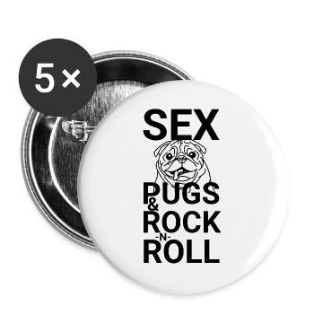Mops and Roll - Der rockige Mops - Buttons groß 56 mm (5er Pack) - Weiß - Vorne