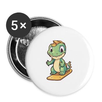 Lustiger Drache Kawaii Cartoon Haustier spielt Skateboard - Buttons groß 56 mm (5er Pack) - Weiß - Vorne