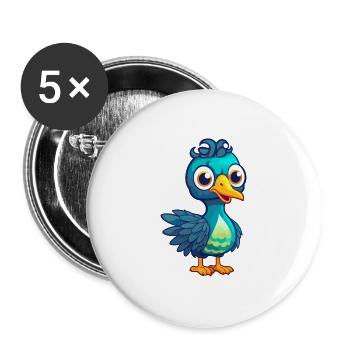 Pfau niedlich glücklich Kawaii Cartoon Clipart Tier - Buttons groß 56 mm (5er Pack) - Weiß - Vorne