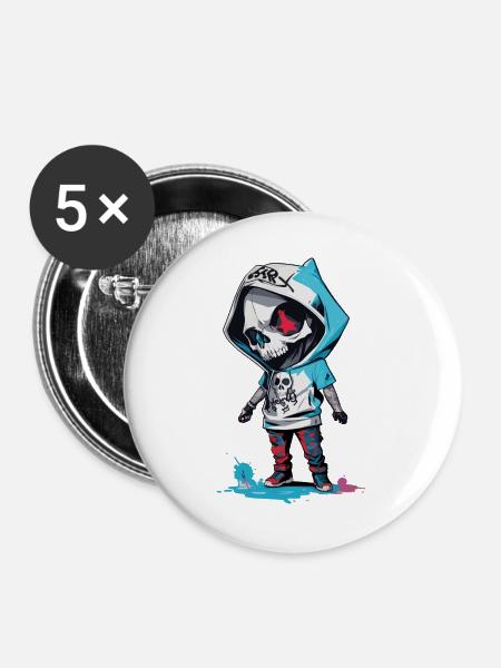 Skelett mit Kapuze - Buttons groß 56 mm (5er Pack) - Weiß