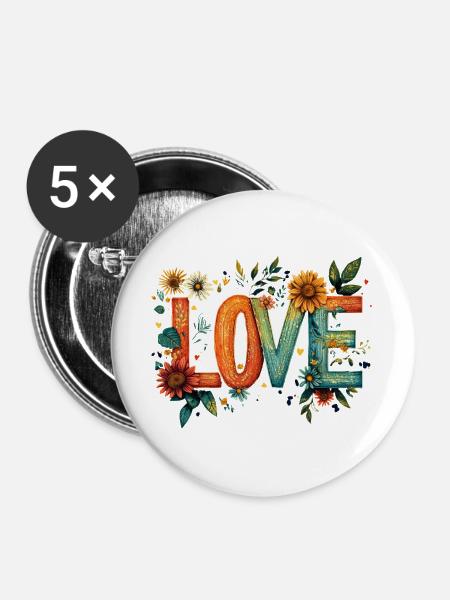 Rustikales Blumen-LOVE - Buttons groß 56 mm (5er Pack) - Weiß