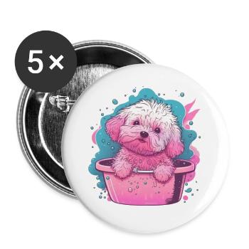 Pinkes Fluff-Welpe im Eimer - Buttons groß 56 mm (5er Pack) - Weiß - Vorne