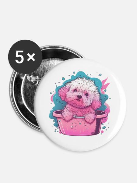 Pinkes Fluff-Welpe im Eimer - Buttons groß 56 mm (5er Pack) - Weiß