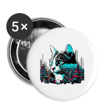 Neonkatze über Tempelstadt - Buttons groß 56 mm (5er Pack) - Weiß - Vorne