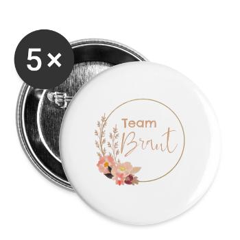 Team Braut - rosa Blumen - Buttons groß 56 mm (5er Pack) - Weiß - Vorne