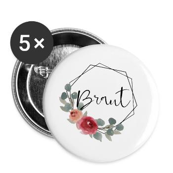 Braut - Hexagon Vintage Blumen - Buttons groß 56 mm (5er Pack) - Weiß - Vorne