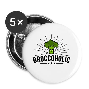 Broccoholic - Lachender Brokkoli für Veggies - Buttons groß 56 mm (5er Pack) - Weiß - Vorne