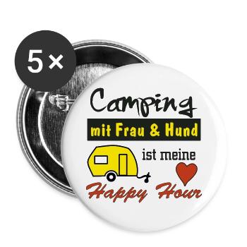 happy hour camping mit frau und hund - Buttons groß 56 mm (5er Pack) - Weiß - Vorne