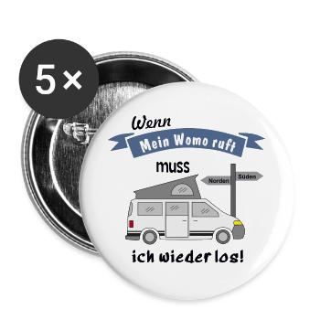 womo ruft campingbus - Buttons groß 56 mm (5er Pack) - Weiß - Vorne