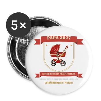 Papa 2027 – Kinderwagen Profifahrer Werdender Papa - Buttons groß 56 mm (5er Pack) - Weiß - Vorne