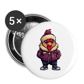 Hahn mit violetter Winterjacke und Fellmütze - Buttons groß 56 mm (5er Pack) - Weiß - Vorne