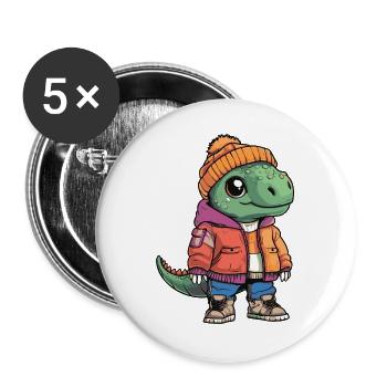 Dinosaurier mit orangefarbener Winterjacke - Buttons groß 56 mm (5er Pack) - Weiß - Vorne