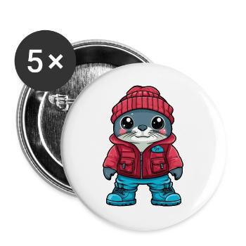 Robbe mit Winterjacke und roter Mütze - Buttons groß 56 mm (5er Pack) - Weiß - Vorne