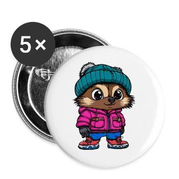 Igel mit pinker Winterjacke und Mütze - Buttons groß 56 mm (5er Pack) - Weiß - Vorne