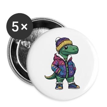 Dinosaurier mit Winterjacke und Mütze - Buttons groß 56 mm (5er Pack) - Weiß - Vorne