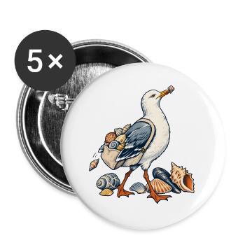 Möwe beim Muschelsammeln am Meer - Buttons groß 56 mm (5er Pack) - Weiß - Vorne