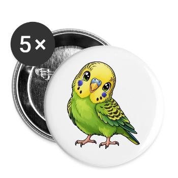 Grüner Wellensittich im Kawaii-Stil - Buttons groß 56 mm (5er Pack) - Weiß - Vorne