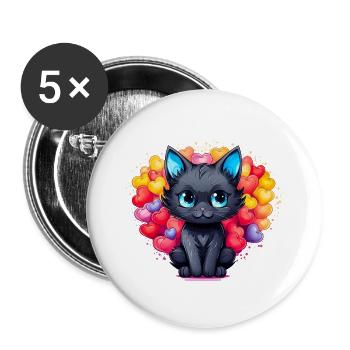 Schwarze Katze – Herz voller Liebe - Buttons groß 56 mm (5er Pack) - Weiß - Vorne