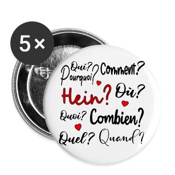 Französische Fragepronomen - Buttons groß 56 mm (5er Pack) - Weiß - Vorne