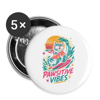 Surfende Katze – Pawsitive Vibes - Buttons groß 56 mm (5er Pack) - Weiß - Vorne