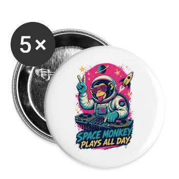 Affen-DJ im Weltraum – Space Monkey Plays All Day - Buttons groß 56 mm (5er Pack) - Weiß - Vorne