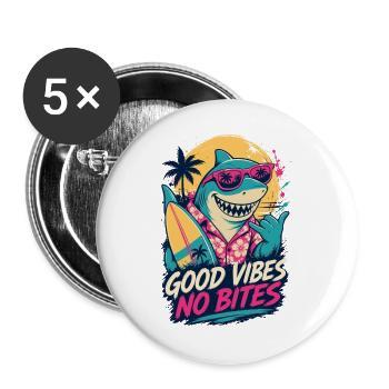 Hai mit Surfbrett – Good Vibes No Bites - Buttons groß 56 mm (5er Pack) - Weiß - Vorne