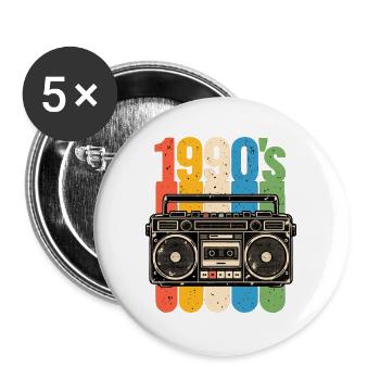1990er Stereo und Kassetten Nostalgie - Buttons groß 56 mm (5er Pack) - Weiß - Vorne