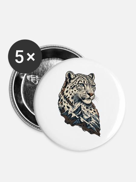 Leopardenkopf vor Berglandschaft - Buttons groß 56 mm (5er Pack) - Weiß