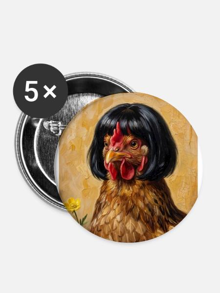 Lustiges Huhn Bob Haarschnitt - Buttons groß 56 mm (5er Pack) - Weiß