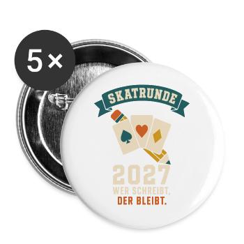 Skatrunde 2027 wer schreibt der bleibt – Skat - Buttons groß 56 mm (5er Pack) - Weiß - Vorne
