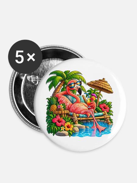 Flamingo im Tropenparadies – Sommer Relax - Buttons groß 56 mm (5er Pack) - Weiß