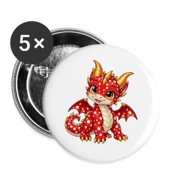 Süßer Fliegenpilzdrache – Fantasy Drachenbaby - Buttons groß 56 mm (5er Pack) - Weiß - Vorne