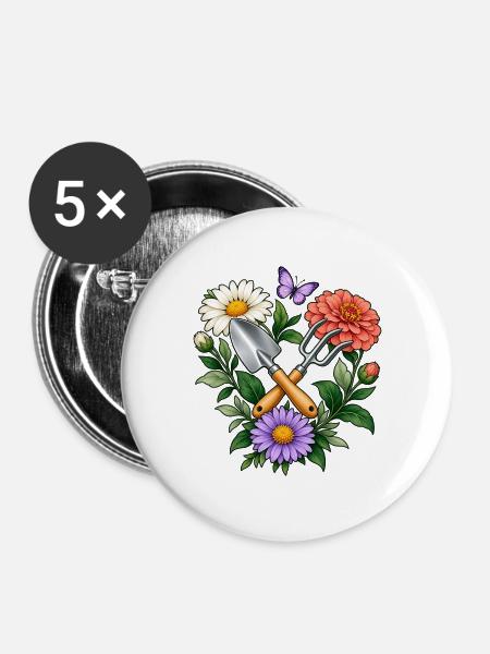 Hobbygärtner Geschenkidee Blumenkranz Garten - Buttons groß 56 mm (5er Pack) - Weiß