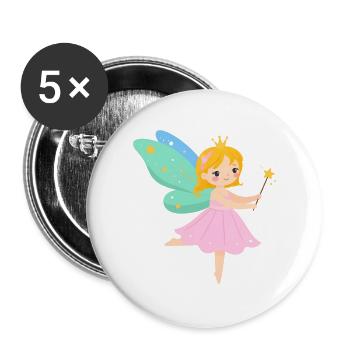 Kleine Comic Fee Flügel Rosa Zauberstab T-Shirt - Buttons groß 56 mm (5er Pack) - Weiß - Vorne