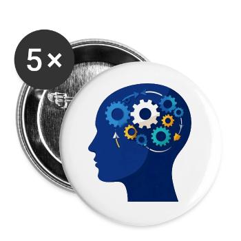 Kopf Zahnräder Wissen Intelligenz Blau T-Shirt - Buttons groß 56 mm (5er Pack) - Weiß - Vorne