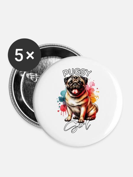 Pug Mädchen Mops - Buttons groß 56 mm (5er Pack) - Weiß