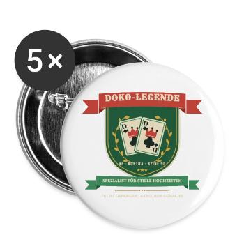 Doppelkopf Legende – Doko Kartenspiel Hochzeit - Buttons groß 56 mm (5er Pack) - Weiß - Vorne