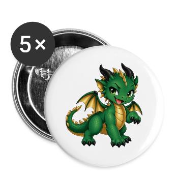 Frecher grüner Drache – Süßes Fantasy Drachenbaby - Buttons groß 56 mm (5er Pack) - Weiß - Vorne