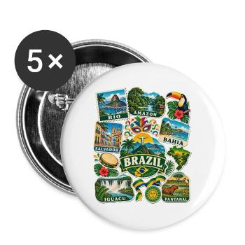 Brasilien Reisesticker - Buttons groß 56 mm (5er Pack) - Weiß - Vorne